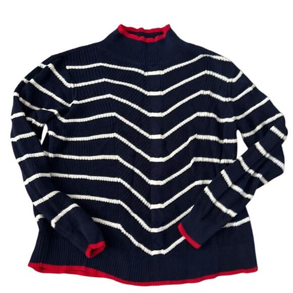 Crown & Ivy 100% Cotton XL Navy Red Stripe Sweater Nautical Preppy - Picture 1 of 4